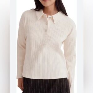 MADEWELL VARIEGATED Ribbed boxy cream 1/4 button stretchy polo.  MEDIUM